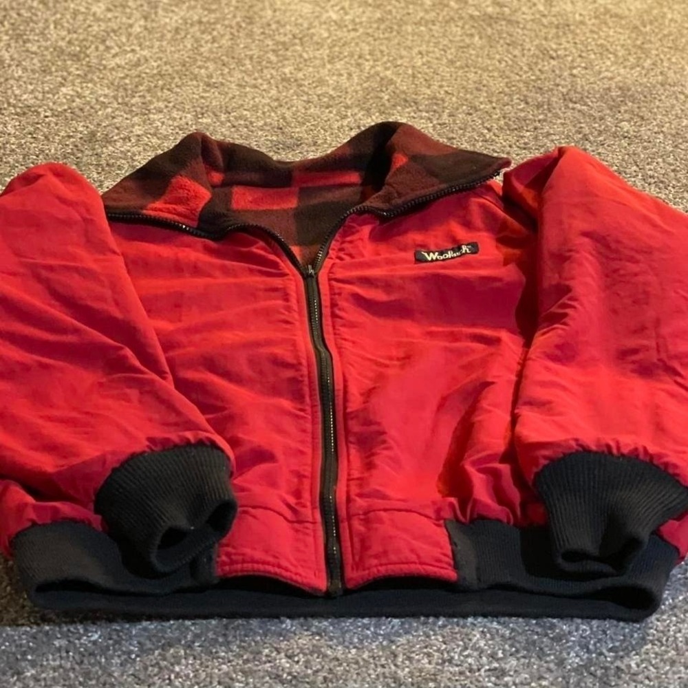 VTG Woolrich Reversible Bomber Jacket Red Buffalo Plaid Fleece Full Zip Mens